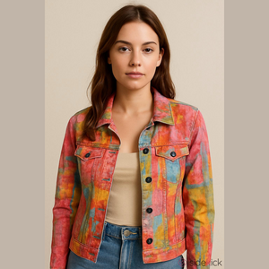 Vintage Chico’s Tie Dye Abstract Art Colorful Pastel  Denim Jacket Jean Jacket
